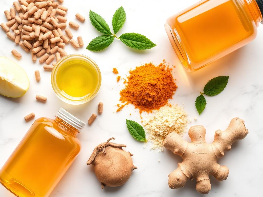 Natural ingredients used in Belly Balance Australia including turmeric, ginger and probiotics
